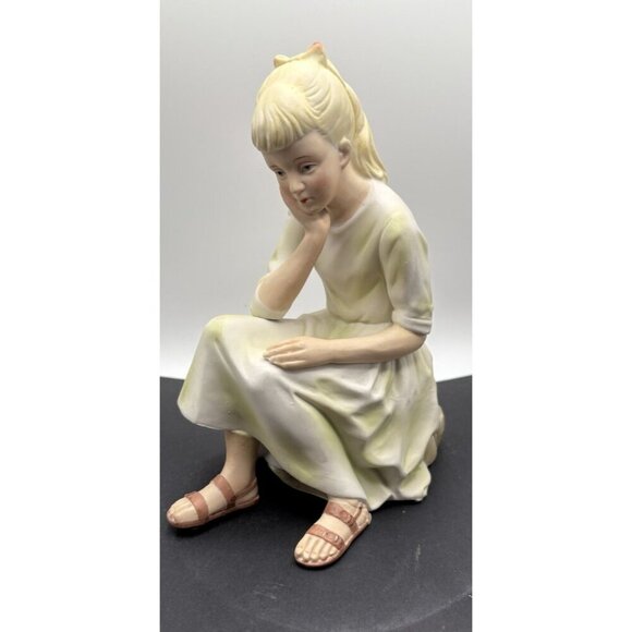 ANDREA By SADEK Porcelain Girl Sitting On A Rock In Deep Thought #9698 - Picture 1 of 8